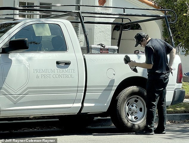 The actor emerged from his home, which appears to be in desperate need of renovation, to speak with a technician from Premium Termite & Pest Control during a lengthy inspection that lasted over an hour