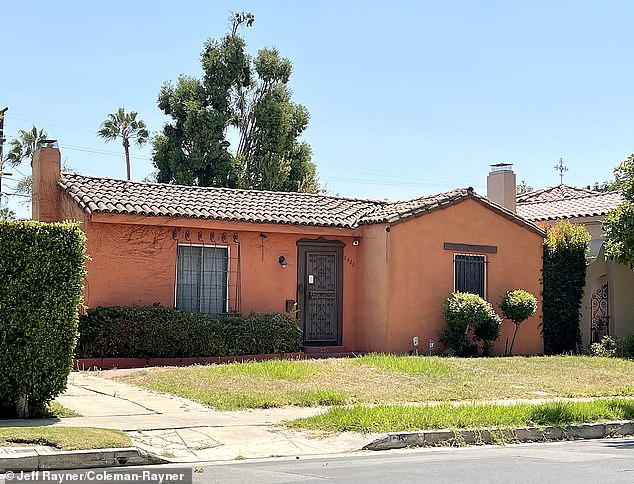 Overgrown grass, dead vines and a decaying front door paint a stark picture of neglect at Rourke¿s once-glamorous Beverly Hills residence