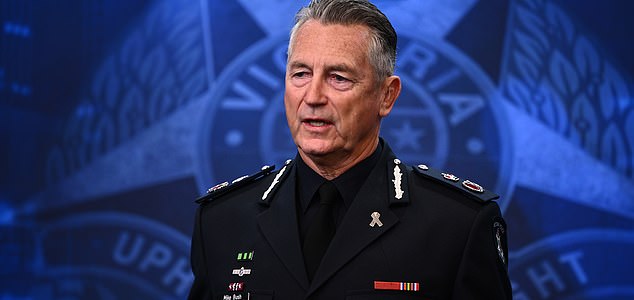 Victoria Police Chief Commissioner Mike Bush speaks to the media during a press conference at Police headquaters in Melbourne, Sunday, August 24, 2025. The Cheif Commission is was prioviding an update on the situation in Porepunkah where two police offers were killed and a third injured. (AAP Image/Joel Carrett) NO ARCHIVING