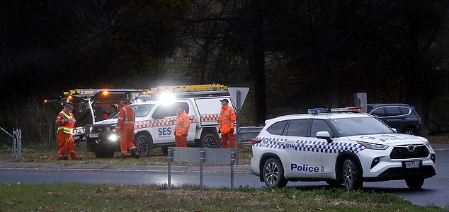 A police helicopter searches bushland in Mount Buffalo for a man who shot dead two police officers in PorepunkahEXCLUSIVE26 August 2025Â©MEDIA-MODE.COM 15034229