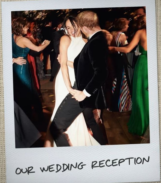 Photo of Meghan Markle and Prince Harry dancing at their wedding reception.
