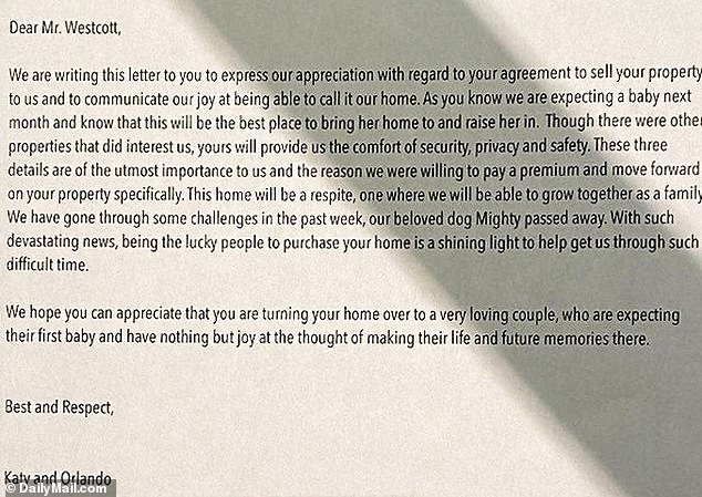 Perry and her longtime partner Orlando Bloom penned a personal letter to Westcott following the sale of the property in 2020