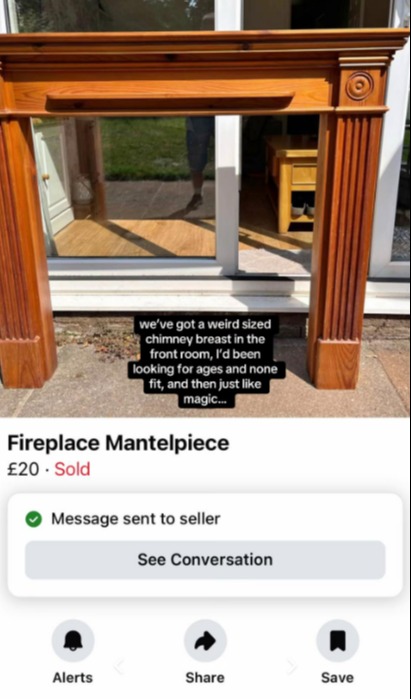 Photo of a wooden fireplace mantelpiece for sale.