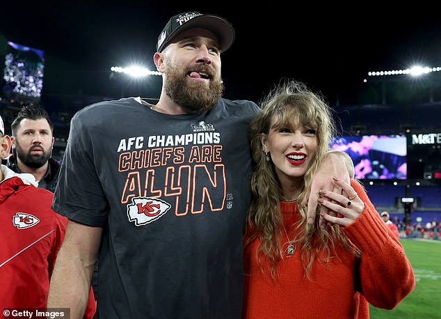 The couple went public with their relationship in September 2023 when the singer appeared alongside Travis's mother, Donna, at a Kansas Chiefs game. They're seen in January 2024