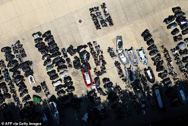 An aerial photograph shows inflatable dinghies believed to have been used by migrants to cross the Channel and stored in a Port Authority yard in Dover