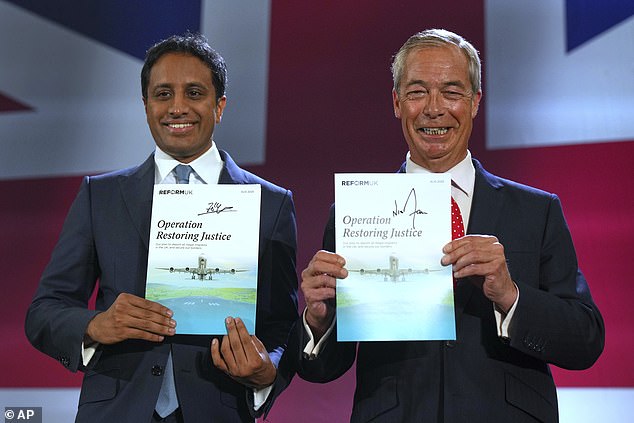 Zia Yusuf and Farage show the programme Operation Restoring Justice at the press conference at Oxford Airport, Kidlington
