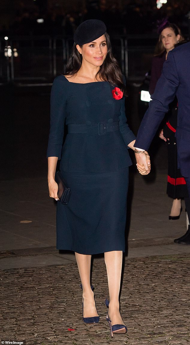 Meghan is seen wearing hosiery while attending a service at Westminster Abbey marking The Centenary Of WW1 Armistice at Westminster Abbey in 2018