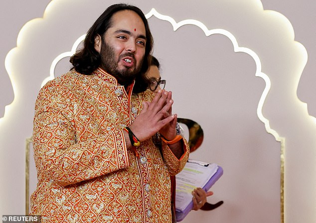 Vantara, was also one of the venues for Anant's pre-wedding celebrations last year, with the global celebrities who attended advised to don 'jungle fever' outfits when visiting. Pictured: Anant Ambani gestures on the day of his wedding with Radhika Merchant