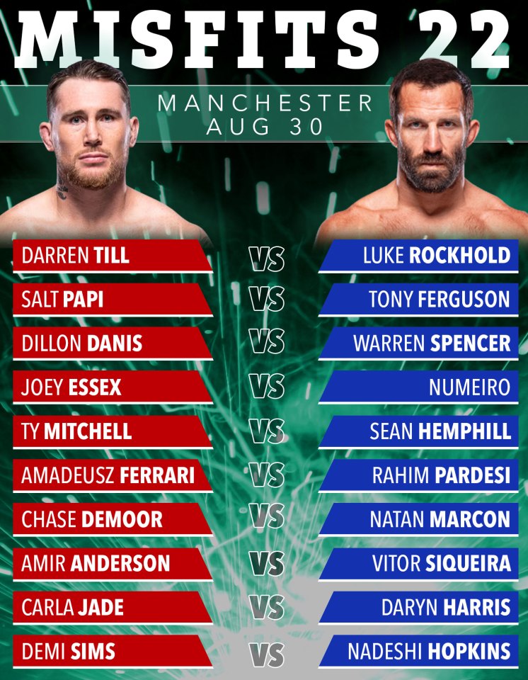 Misfits 22 fight card: Darren Till vs Luke Rockhold, Salt Papi vs Tony Ferguson, and more.