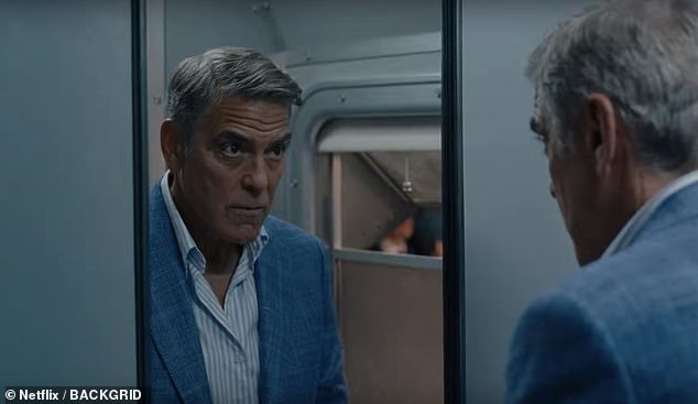 Throughout the trailer George's character continually reminds himself that he is 'Jay Kelly' as he and his pal embark on a whirlwind trip through Europe