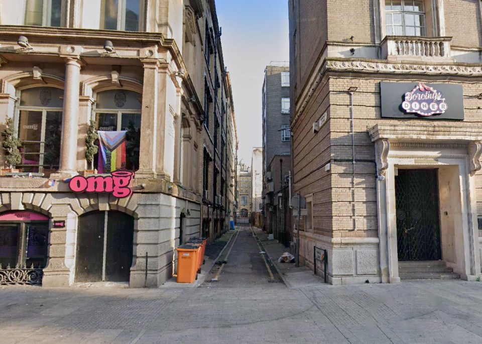 Temple Lane in Liverpool, showing OMG club and Dorothy's Diner.