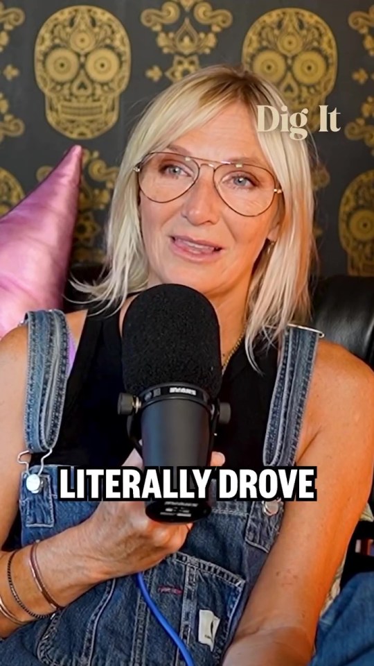 Woman speaking into microphone; text overlay reads "Dig It" and "Literally Drove".