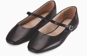 Black leather Mary Jane shoes.