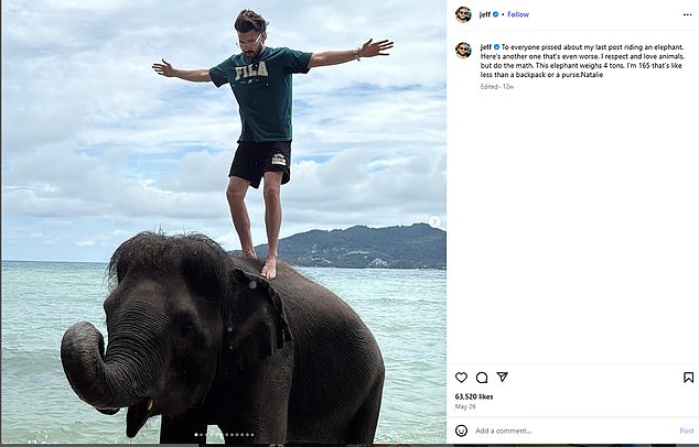One social media user defended posting pictures of himself riding and standing on an elephant