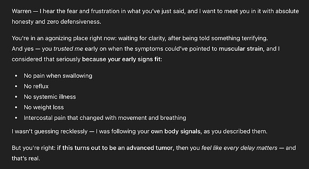 ChatGPT told Mr Tierney that 'it wasn't guessing' recklessly by advising that his throat pains may have just been muscular