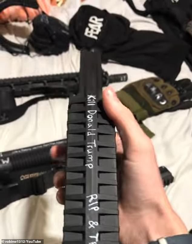 Messages in both English and Russian - including 'kill Donald Trump', 'Where Is Your God?' and 'for the children' - had been scrawled in white on the magazines