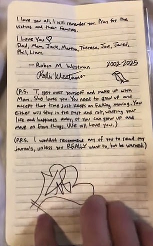 She asked her friends and family members in a suicide note to 'Pray for the victims and their families'