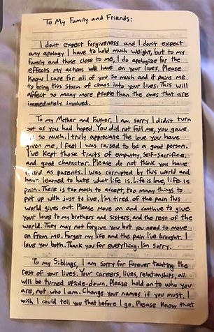 In much of the rest of the suicide note, Westman tried to apologize to her family and friends as she pleaded with them to move on
