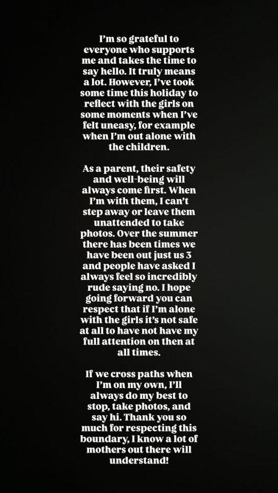 A statement from Charlotte Crosby regarding her children's safety and requesting that fans respect her need for privacy when with her children.