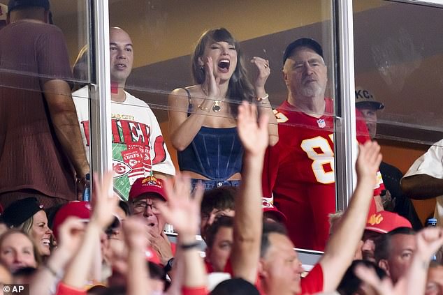 The romance was sparked after Travis, 35, made an abortive attempt to get back stage to see Swift (Taylor pictured with Ed Kelce at an NFL game in September 2024)
