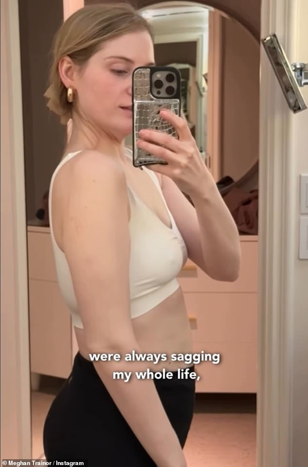 As she spoke about the way her breasts used to be, she played some before footage of her posing in the mirror in a sheer white crop top and no bra