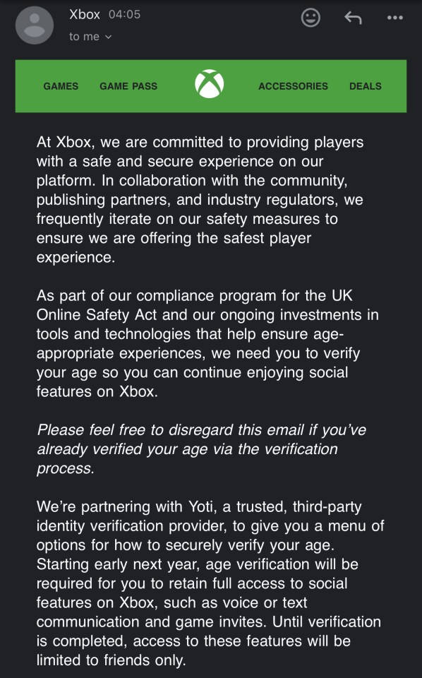 Xbox age verification email.