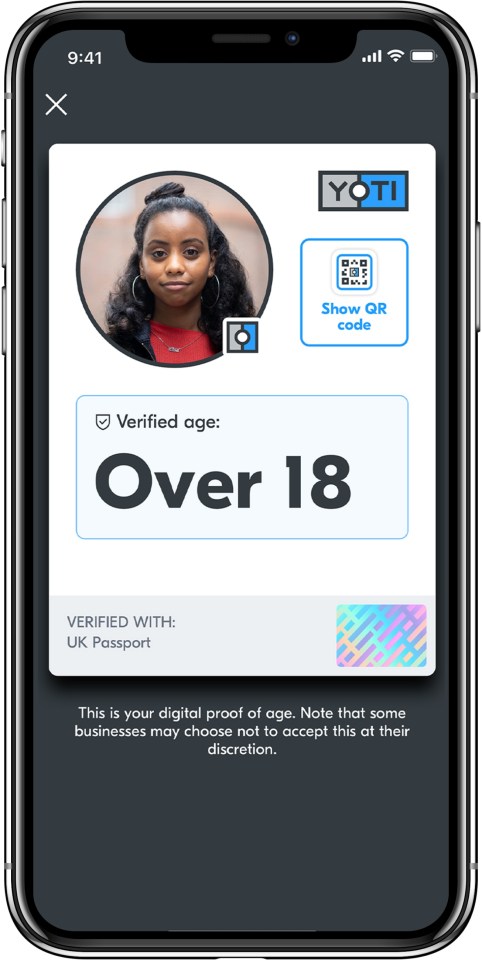 Smartphone displaying Yoti age verification app showing user is over 18.