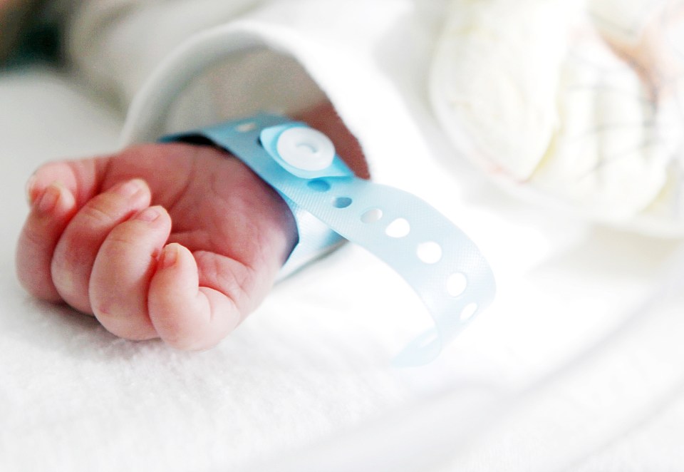 Close-up of a newborn's hand with an identification band.