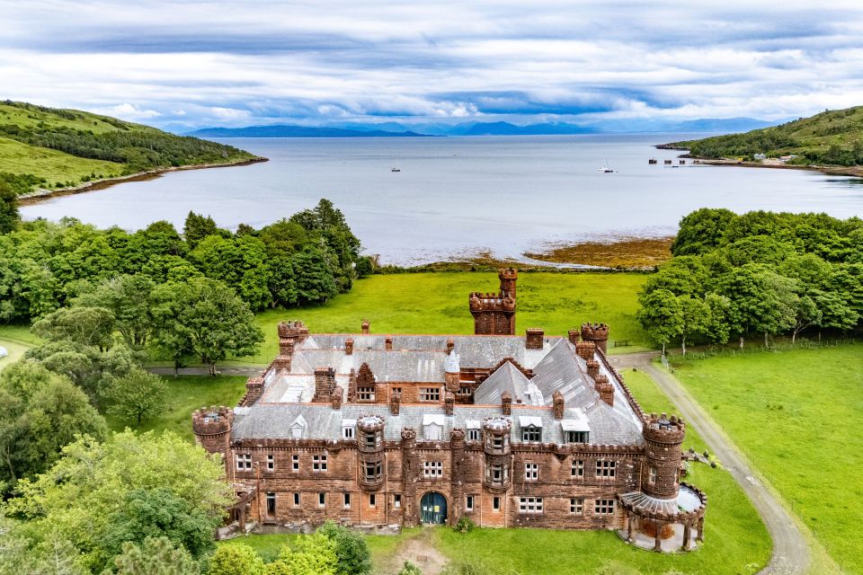 Aerial view of Kinloch Castle on the Isle of Rum, Scotland.