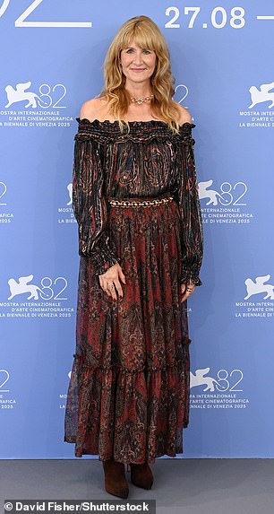 Dern (pictured) said at the photocall: 'George is so devastated that he can’t be here.’