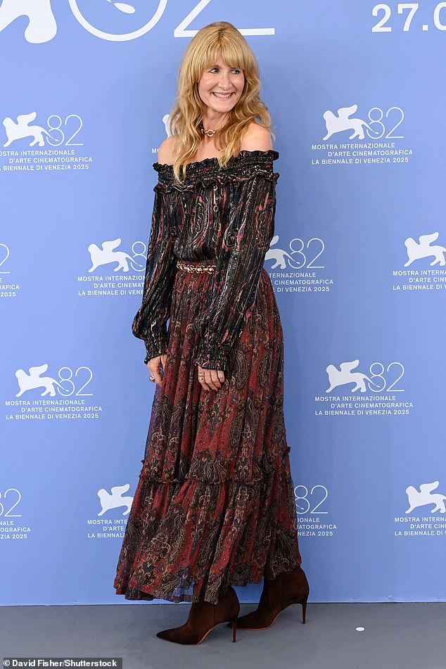 The conference moderator announced his absence at the photocall, saying: 'I’m afraid George Clooney is not going to be here, because he has a bad, serious, sinus infection. We hope that he should be on the red carpet tonight' (Laura Dern pictured)