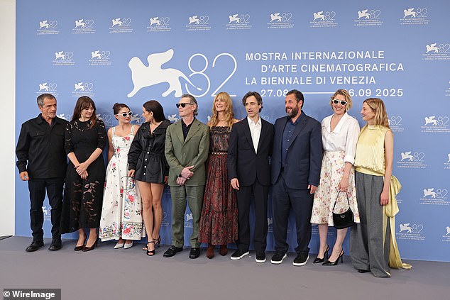 Emily Mortimer, Eve Hewson, Riley Keough, Billy Crudup, Laura Dern, Noah Baumbach, Adam Sandler, Greta Gerwig and Alba Rohrwacher all stood in for main man George (pictured L-R)