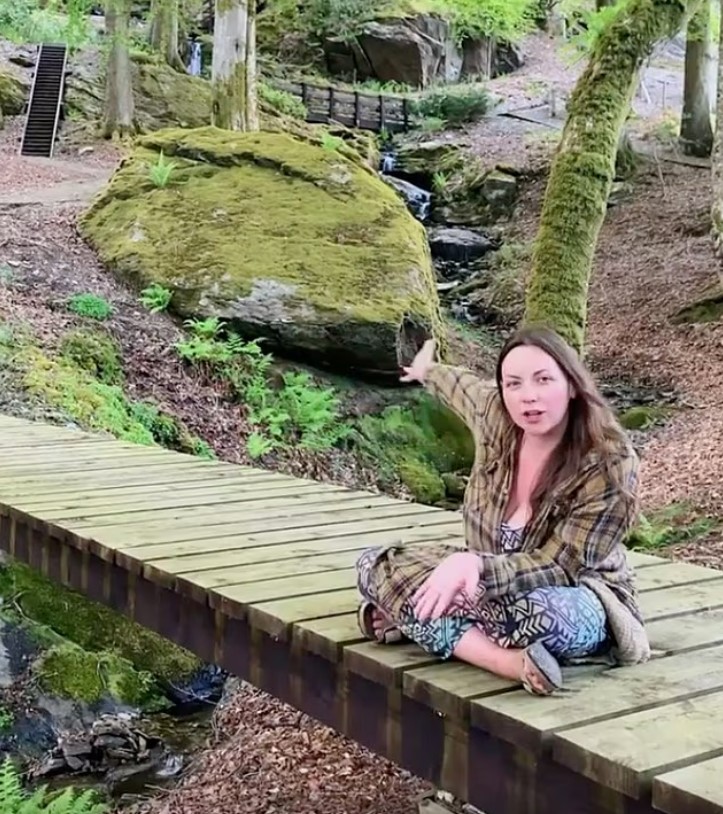 Woman sitting on a wooden bridge in a forest, gesturing towards a large moss-covered rock and a small waterfall.
