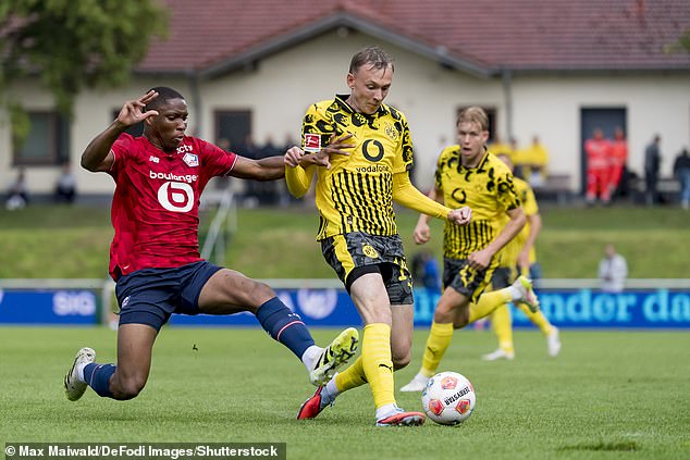 Max Beier (centre) could be the key to unlocking Newcastle's deal for Wissa - and England manager Thomas Tuchel has played a big role in getting the German to Brentford