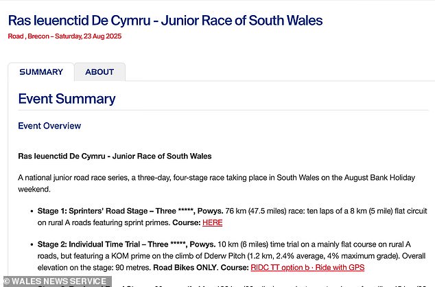 British Cycling's event summary with the village referred to using asterisks as Three C****