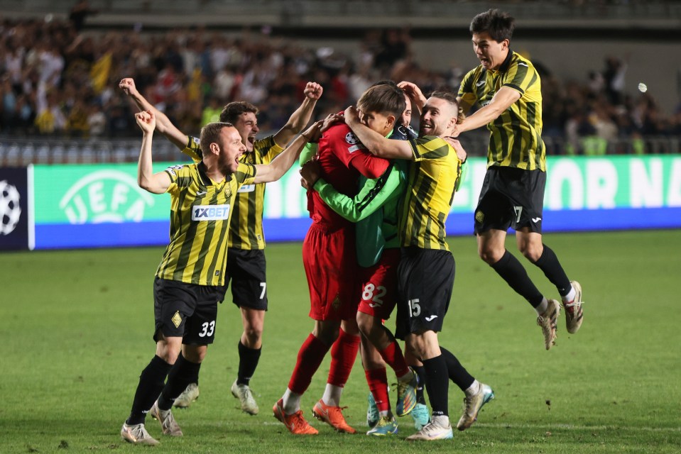 Kairat soccer players celebrating a Champions League victory.