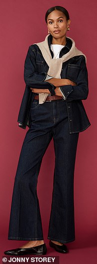Jacket, £56, jeans, £60, T-shirt, £9.50, jumper, £95, shoes, £66