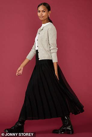 Cardigan, £95, skirt, £90, T-shirt, £9.50, boots, £145