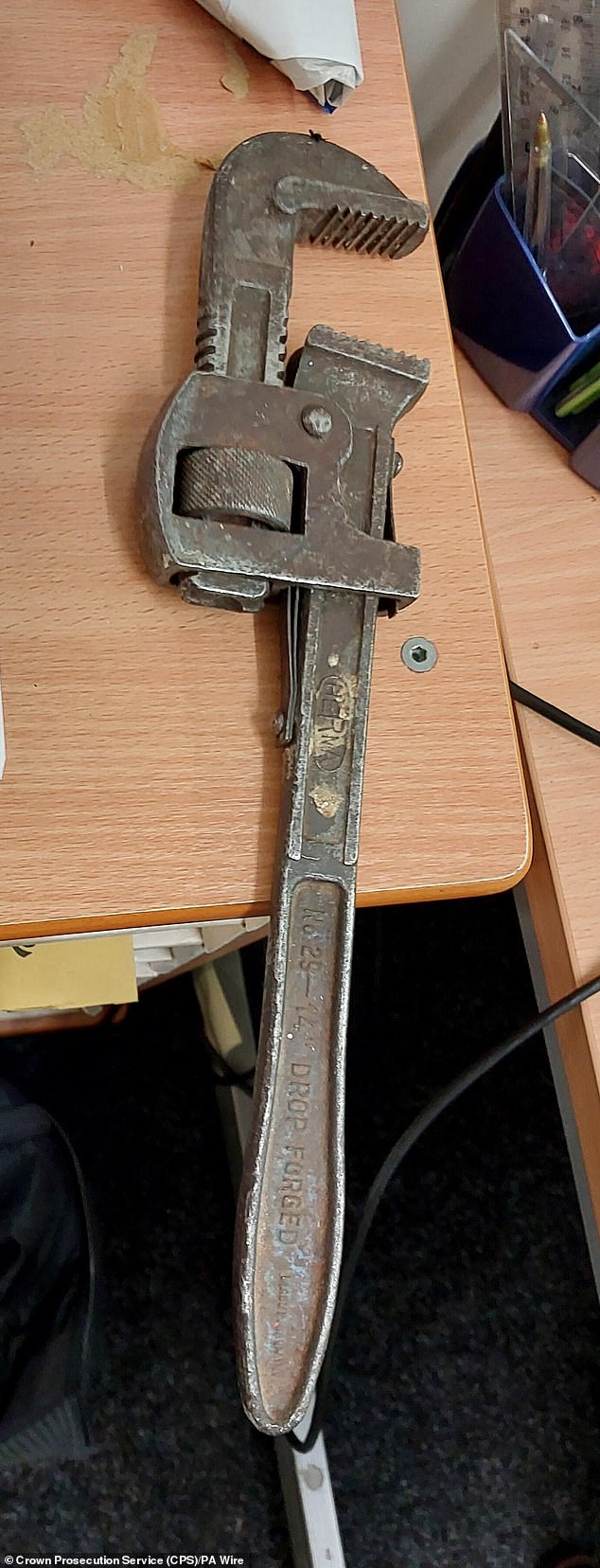 The huge wrench wielded by Anthony Felton in attack on his love rival Richard Pyke