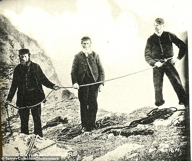 Three St Kilda fowlers pose for a photograph. The image was turned into a postcard