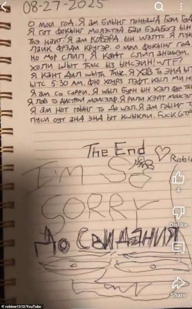 Westman, who turned the gun on herself after carrying out the shooting, wrote in Russian Cyrillic and English about her plans in a chilling notebook