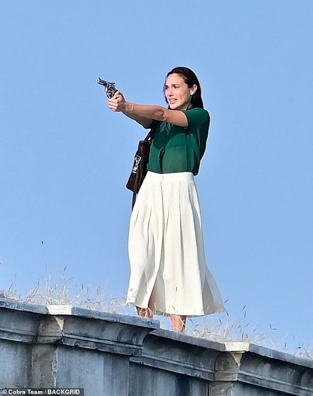 The actress, pictured filming in October 2023, stars in In The Hand of Dante, alongside Gerard Butler