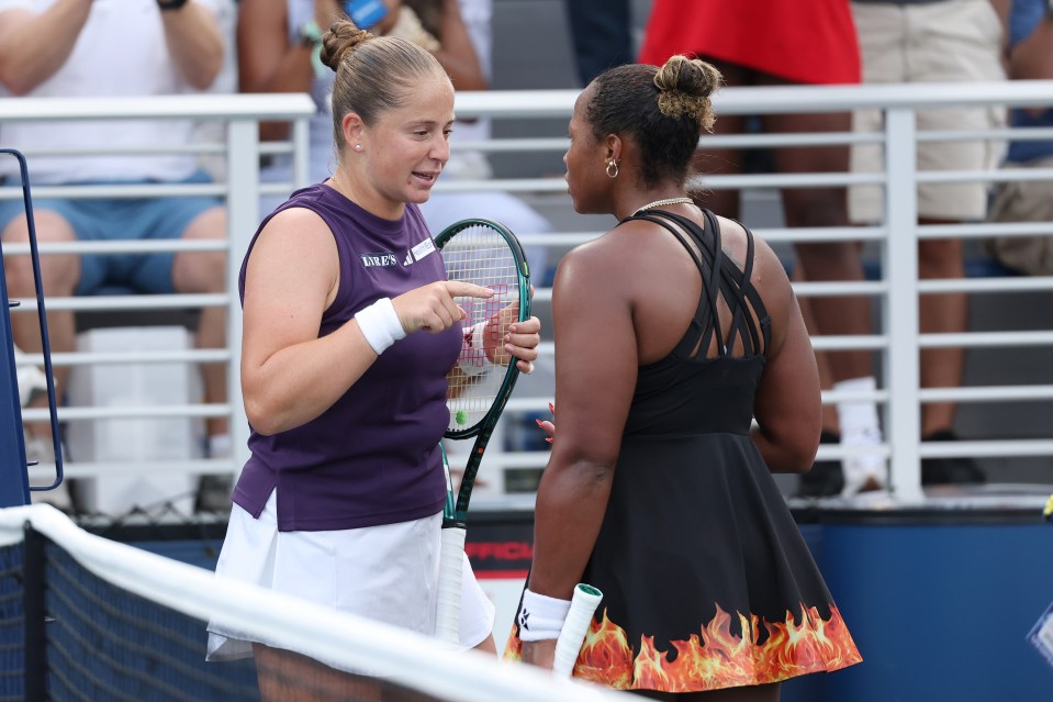 Jelena Ostapenko of Latvia and Taylor Townsend of the United States arguing during a tennis match.