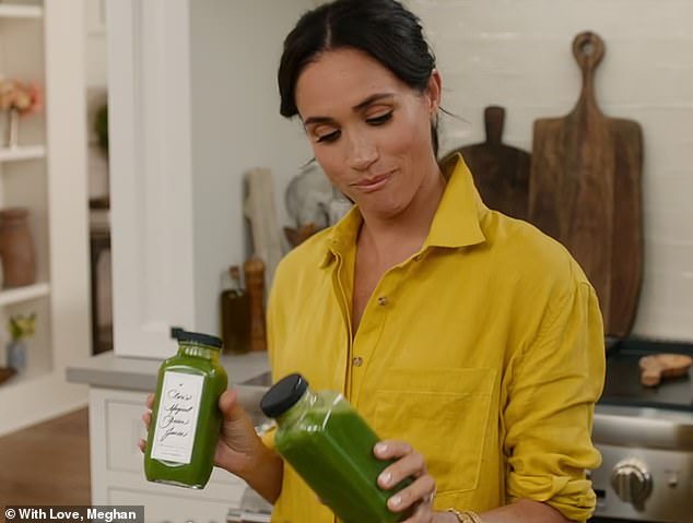 Meghan bottles the juice with a label that says 'Clare's magical green juice'