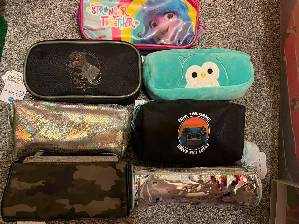 Collection of pencil cases with various designs.