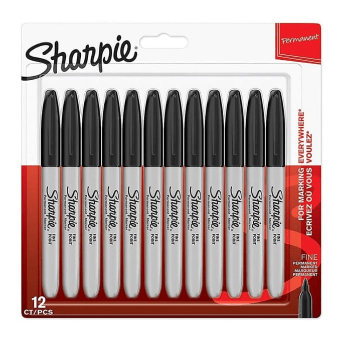 Twelve black Sharpie fine point permanent markers in a package.