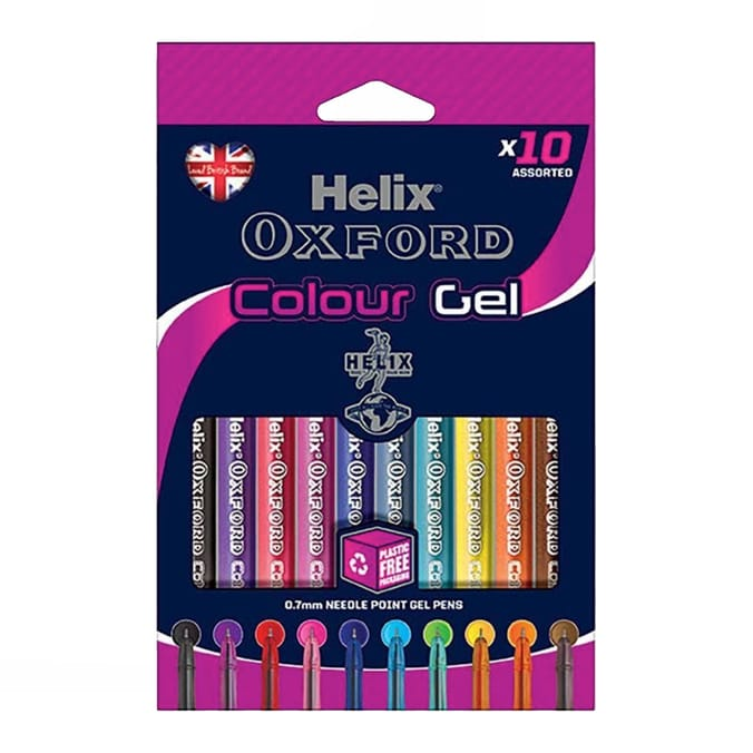 Package of ten assorted Helix Oxford 0.7mm needle point gel pens.
