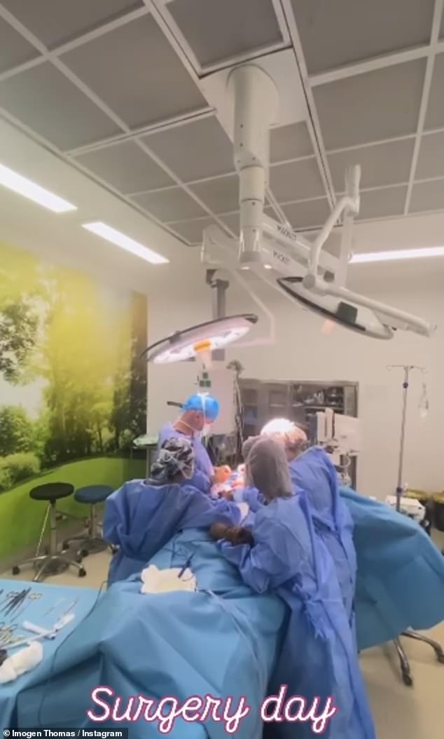 The ex-glamour model shared a video with fans of the build up to the operation, including as doctors performed the surgery on her bust