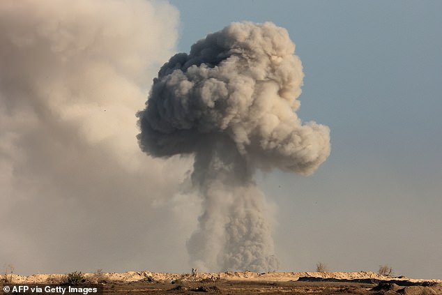 Smoke billowing during an Israeli strike on the besieged Palestinian territory, on August 29, 2025