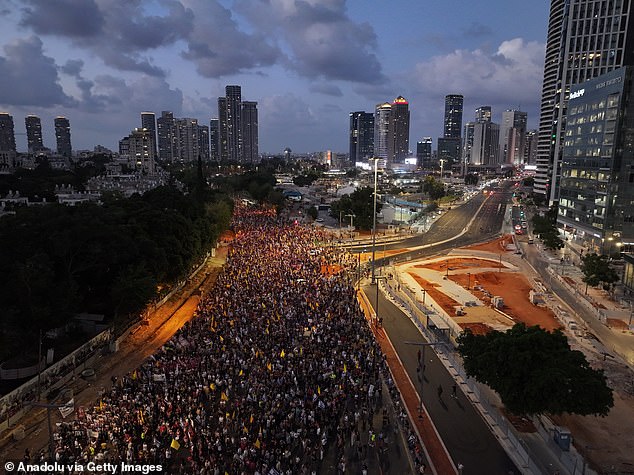 An aerial view shows thousands of Israelis march through Rehinim Square and Shaul HaMelech Boulevard in Tel Aviv, demanding an end to the war and an agreement for the release of Israeli hostages in Gaza, on August 26, 2025